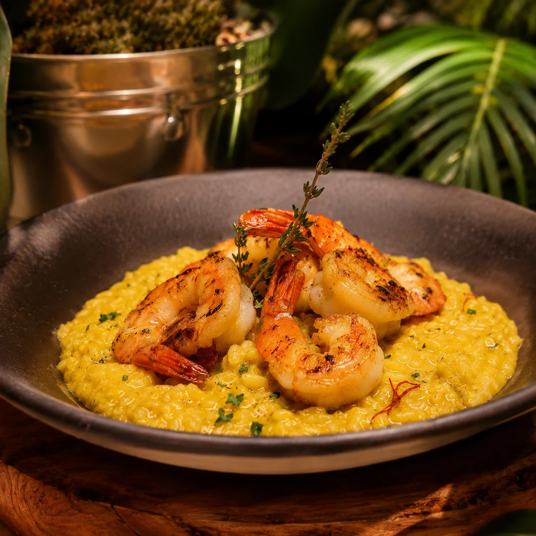 Camarões com risoto de açafrão