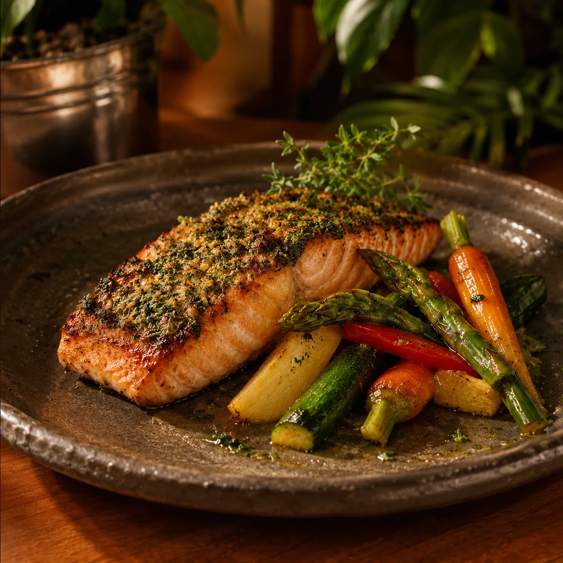 Salmão com crosta de ervas e legumes